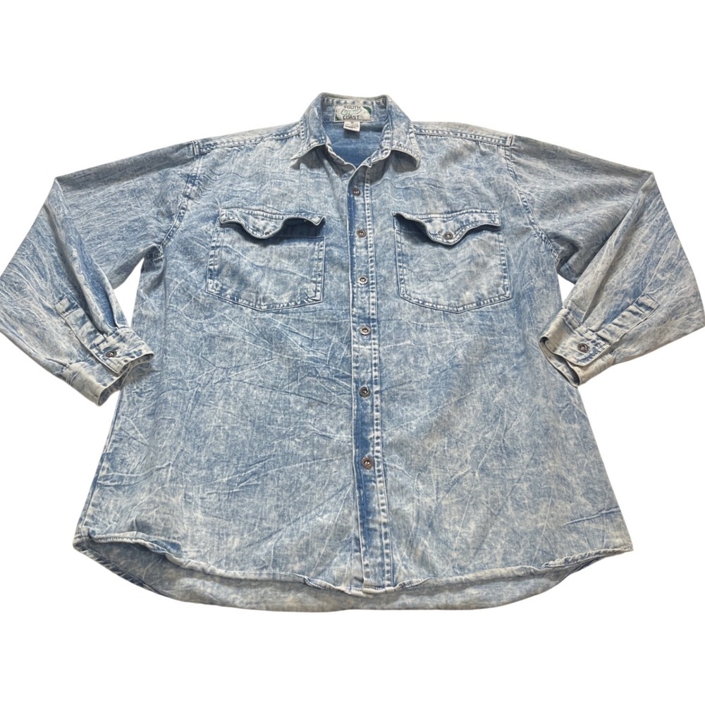 South California Coast Mens Acid Wash Denim Shirt Blue Long Sleeve Vintage Med
